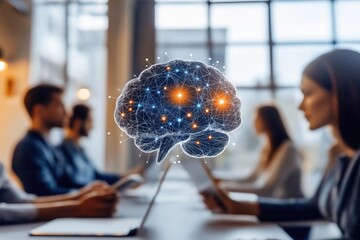 Poster - Futuristic AI interface visualized as a digital brain, symbolizing innovation and technology in a modern workspace.
