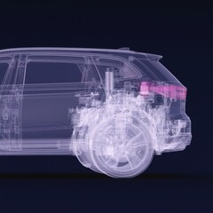 Poster - A 3d illustration featuring a hologram of a car in HUD UI style represents the futuristic service of scanning and automatic data analysis used in car development