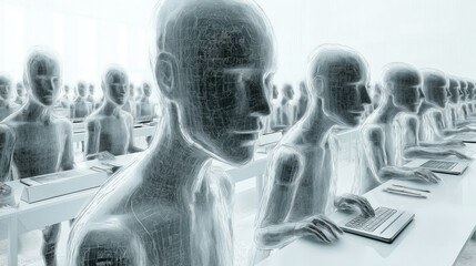 Poster - Futuristic AI interface with humanoid figures working on computers, representing advanced technology and artificial intelligence.