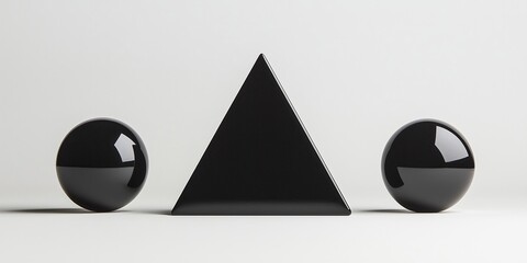 Poster - A minimalist composition featuring a black triangular prism flanked by two glossy black spheres on a light background.