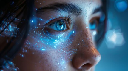 Poster - A close up view of a person's face displaying intricate digital patterns around their eyes, symbolizing the intersection of technology and mental health.