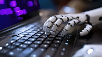 Poster - A robotic hand interacting with a laptop keyboard, symbolizing the future of business automation and technology integration.