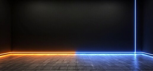 Poster - A futuristic underground corridor with neon glowing blue and orange hues is depicted in a 3D rendering of a cyber retro sci-fi concrete tunnel