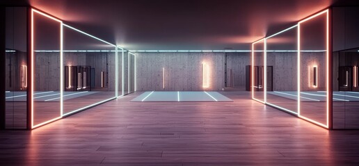 Poster - This 3D rendering showcases a futuristic sci-fi corridor in a concrete underground tunnel with neon glowing blue and orange hues and a glossy grunge texture
