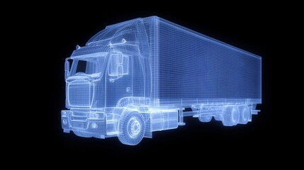 Poster - In a 3D rendering illustration, a lorry blueprint is transformed into a glowing neon hologram, symbolizing the cutting-edge technology and security that underpin premium products in the business and