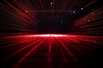 Poster - In a sci-fi effect, bright red neon laser lights pierce the darkness, generating geometric patterns of lines and triangles
