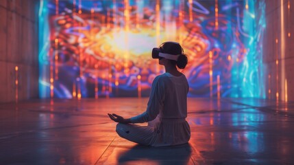 Poster - A person sits cross legged, practicing mindfulness while wearing a virtual reality headset. The background is illuminated with vivid patterns and colors, enhancing the experience.