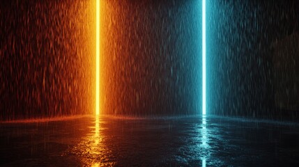 Poster - A dark red blue grunge background is illuminated by abstract neon laser rain