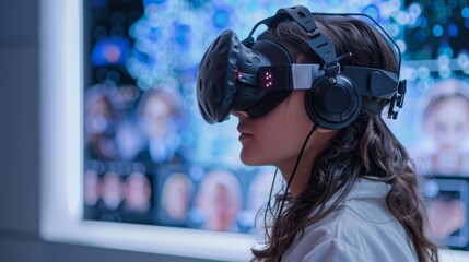 Poster - A young woman is engaged in virtual reality therapy, experiencing mindfulness exercises in a clinical environment designed for mental health treatment through telemedicine.