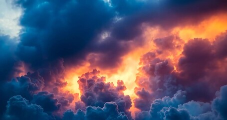 Poster - Cloudscape Sunset Scene with Crimson Light, Orange Sky and Blue Clouds Backdrop