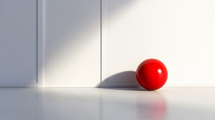 Poster - A vivid red sphere sits peacefully on the floor, leaning against a sleek white wall. The interplay of light and shadow creates a captivating atmosphere in the room