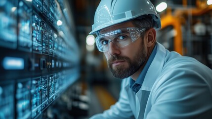 Wall Mural - Professional engineer with safety goggles and hard hat analyzing data on digital displays in a futuristic industrial facility