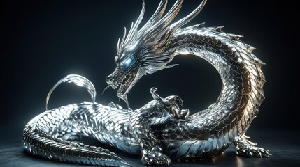 Poster - A Majestic Silver Dragon Sculpture Coiled Gracefully