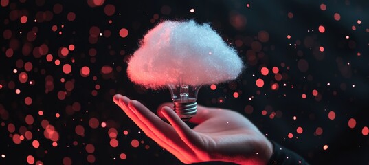 Fototapete - Cloud computing, storage, and data transfer within a cloud network are illustrated through the image of a business hand using a lamp with a virtual popup icon, conveying the idea of cloud technology