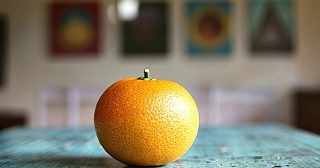 Poster - Close-up of a Single Orange Fruit on a Blue Wooden Table with Blurred Artwork in the Background, Studio Lighting