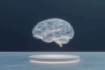 Poster - A futuristic human brain represented as a wireframe hologram with a holographic sci-fi interface