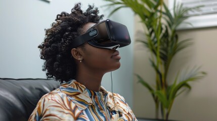 Poster - Patient engages in a virtual reality session focused on mindfulness in a comfortable indoor environment, promoting mental health and wellness through digital therapy.