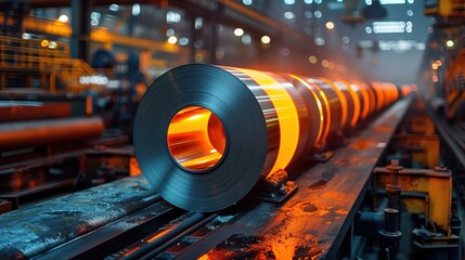 Poster - bright orange hot steel coil in a dynamic industrial factory setting with machinery and equipment in