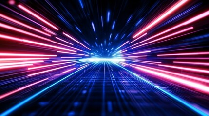 Poster - The dark road is filled with speeding motion under neon glow, where blue lights line the perspective road and abstract colored light streaks represent acceleration through perspective space gates, as