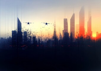 Poster - Futuristic sci-fi cityscape at sunset, featuring a skyscraper, rendered as a digital illustration