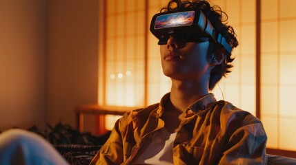 Poster - A person relaxes in a cozy indoor setting while using a virtual reality headset designed for digital therapy sessions, promoting mindfulness and mental health awareness.