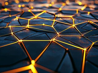 Poster - The image features abstract orange network lines and dots that glow, overlaid with bokeh on a black background