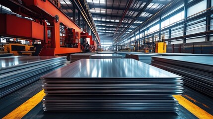 Poster - industrial warehouse with stacked metal sheets and crane operations in a modern manufacturing facili