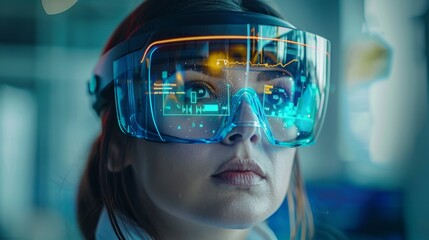 Poster - A woman is engaged in a digital therapy session using advanced technology while focusing on mindfulness techniques for enhancing mental health.