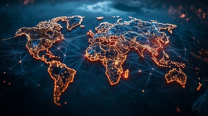 Poster - Abstract map of continents emphasizing globalization and geopolitics in a high-tech future