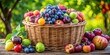 © chokdeelaw - A colorful wicker basket overflowing with juicy grapes, plums, apples, and berries