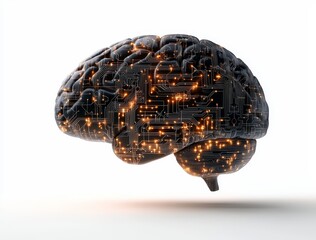 Poster - Futuristic electronic brain with glowing circuits, set against a transparent cutout background