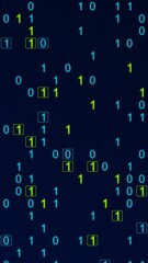 Poster - Blue glowing binary matrix on a grid. Texture animation, vertical composition. Technology motion graphic.