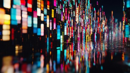 Poster - In a city of sci-fi, a corridor of metallic material glows with neon, leading to a portal that emits bright energy
