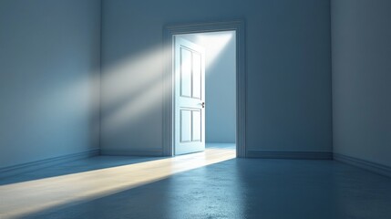 Fototapete - Sunlight streams through an open door in a peaceful white room, casting gentle shadows on the floor, creating an inviting atmosphere for contemplation and discovery