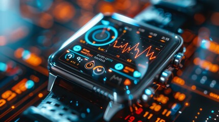 Poster - A smartwatch displays a digital therapy application designed for mindfulness and mental health, showcasing vibrant graphics and data metrics in a tech inspired setting.