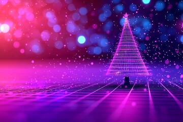 Poster - the background features a retro futuristic universe from the 80's, complete with a synthwave wirefra