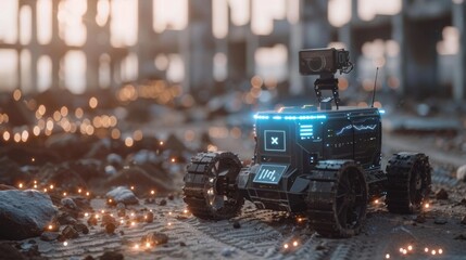 Aufkleber - A robotic exploration unit is traversing a desolate, ruined environment with scattered debris and glowing particles, creating a captivating scene during sunset hours.