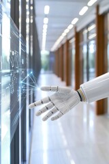 Poster - Artificial technology and robotics come together, with hands gently touching. This photo captures the profound impact of AI on humanity, showcasing high quality imagery