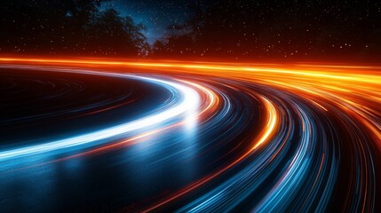 Poster - An abstract background with blue and orange gradient lighting streaks against a black backdrop, enhanced by a glowing, blurred motion effect and horizontal lines that shimmer