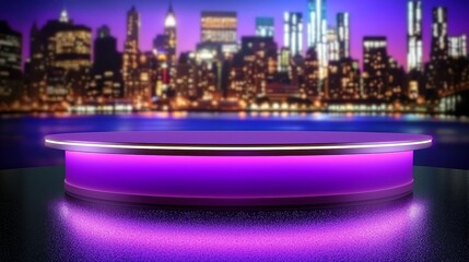 Poster - Inside a futuristic building, an unoccupied platform offers a breathtaking view of the city at night