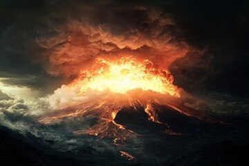 Poster - A volcanic eruption hologram depicts molten lava flowing down the side of a