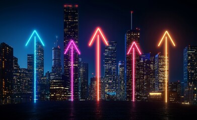 Poster - Futuristic growth arrow diagram symbolizes digital innovation against a high-tech background. Extensive data analysis propels financial advancement in trading and investment