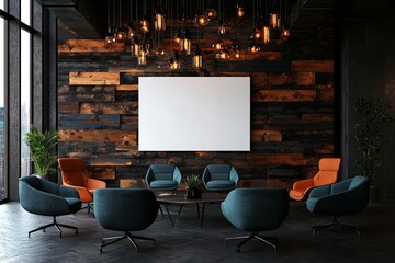 Poster - A contemporary office setting features a blank vertical poster on the wall, accompanied by coworking desks and chairs situated near large windows, all presented in a clean and minimalistic style, as