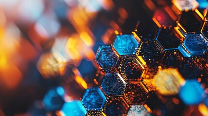 Poster - A futuristic technology design set against a white background incorporates modern 3D hexagonal technology with an abstract background that features bright blue energy flashes underneath the hexagons