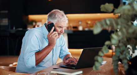 Aufkleber - Business, remote work and man with phone call, talking and laptop with communication, internet and network. Mature person, contact and employee in workspace, computer and connection with website info