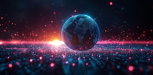 Poster - An illustration depicting futuristic digital technology features a neon purple and blue glowing globe on a high-tech grid pattern