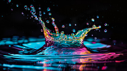 Vibrant water explosion, turquoise, magenta, golden reflections, dynamic photography