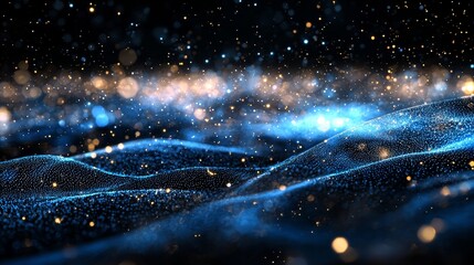 Poster - A blue light trail with glowing particles on a black background, depicting fast digital data transfer in internet and network connection technology, conveying the idea of future information speed