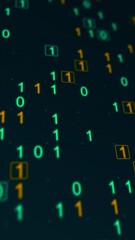 Poster - Green glowing binary matrix on a grid. Bokeh effect, vertical composition. Technology motion graphic.