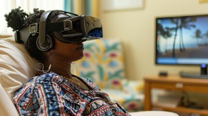 Poster - A user engages in a digital therapy session, wearing virtual reality goggles and headphones, focused on mindfulness and mental health enhancement in a calming living space.
